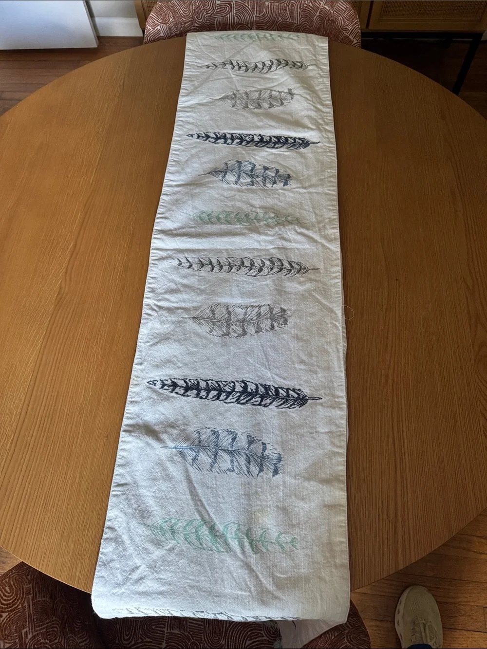 Hand-Printed Feather Table Runner - White with Blue and Mint Accents